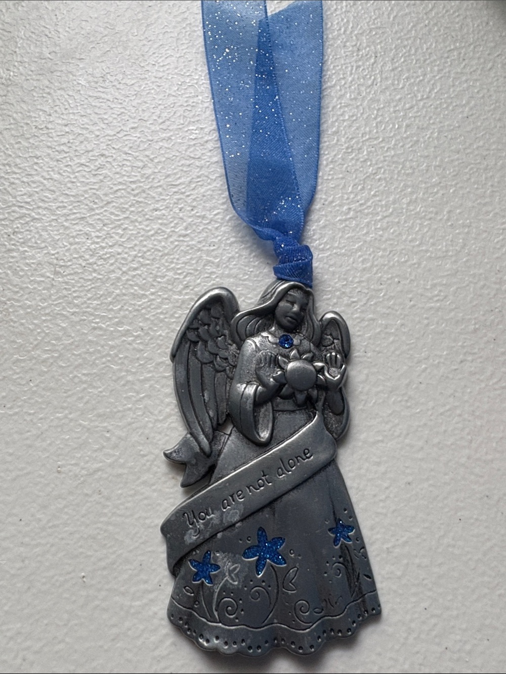 Vintage Silver Angel Ornament with Blue Ribbon and Glitter Accents
